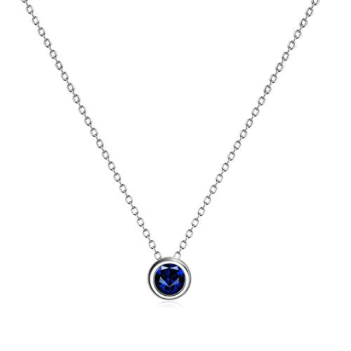 925 Sterling Silver Solitaire Cubic Zirconia Necklace for Women Teen Girls - color: September - Blue