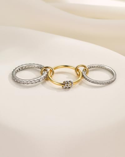 Gold Silver Stackable Rings for Women Mixed Metal Interlocked Ring Stack | Multi Ring set non tarnish 14K Gold Plated Cubic Zirconia Fashion trendy Two Tone Connected Bands Statement rings Size 4-11 - color: 04- Two tone 3 rings