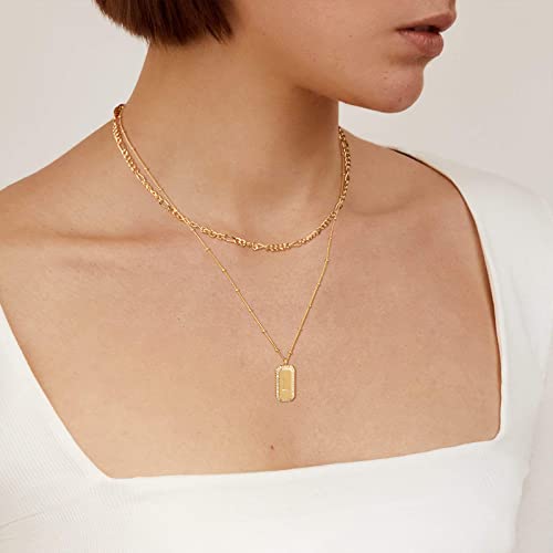 Gold Initial Necklace for Women 14K Gold Plated Figaro Chain Choker Layered Necklaces Set Bar Rectangle Pendant Necklaces Simple Dainty Letter Necklace Everyday Gold Jewelry - style: Letter L