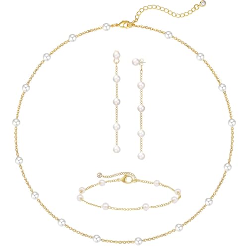 HERIER Gold Jewelry Set for Women - Dainty 14K Gold/Silver Plated Pearl Choker Necklace, Drop Earrings & Bracelets - Wedding Trendy Pearl Jewelry Gift - color: Pearl Choker Set-Gold