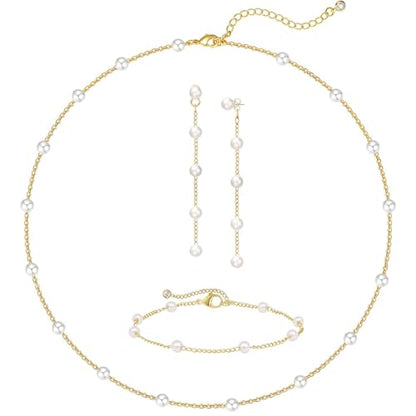 HERIER Gold Jewelry Set for Women - Dainty 14K Gold/Silver Plated Pearl Choker Necklace, Drop Earrings & Bracelets - Wedding Trendy Pearl Jewelry Gift - color: Pearl Choker Set-Gold