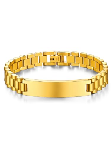 ChainsHouse Men Stainless Steel Bracelet Adjustable Custom ID Engraved Gift | Personalized Silver/Gold/Black for Birthday Father Husband Boyfriend with Gift Box Adjustable Tool 10mm/15mm/15.5mm 8.3"/8.7" - color: J.10mm Width-Gold-No Custom
