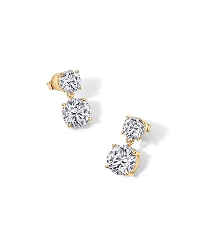 PAVOI 14K Gold Plated Cubic Zirconia Dangle Earrings for Women - Crystal Long Linear Bridal Drop Earrings - Cluster CZ Pearl Simulated Diamond Drop Dangle Wedding Jewelry for Brides & Bridesmaid - style: Round