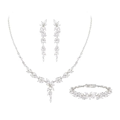 Crysdue Wedding Jewelry Set for Brides Bridesmaid, Cubic Zirconia Teardrop Marquise Leaf Cluster Pendant Necklace Bridal Tennis Bracelet Drop Earrings for Women Party Prom - style: C- Marquise CZ-silver