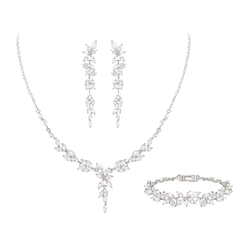 Crysdue Wedding Jewelry Set for Brides Bridesmaid, Cubic Zirconia Teardrop Marquise Leaf Cluster Pendant Necklace Bridal Tennis Bracelet Drop Earrings for Women Party Prom - style: C- Marquise CZ-silver