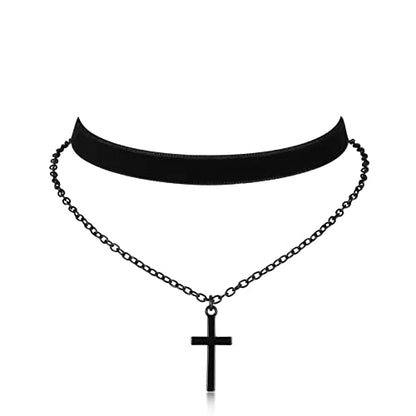 Gothic Layered Necklace, Black Velvet Choker with Dark Pendant | Soft Velvet Choker, Black Pendant, Layered Chain, Dark Academia Aesthetic, Alt Fashin Jewelry, Goth Gift for Women - style: Black Cross