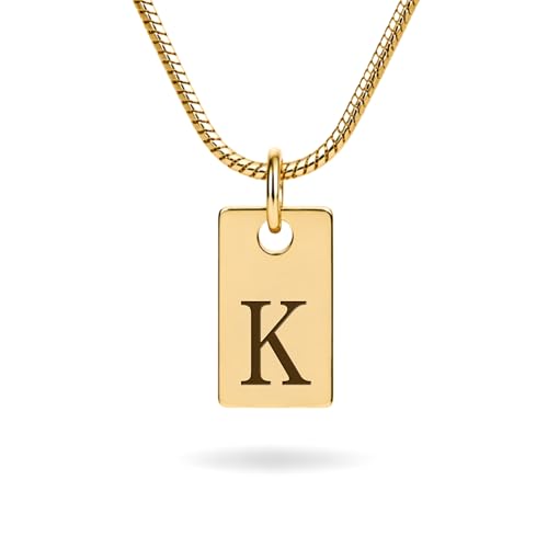Initial Necklace in 18K Gold Plated, Personalized Engraved Letter Pendant, Gold Snake Chain, 6×10 mm Rectangle Charm for Women - color: K