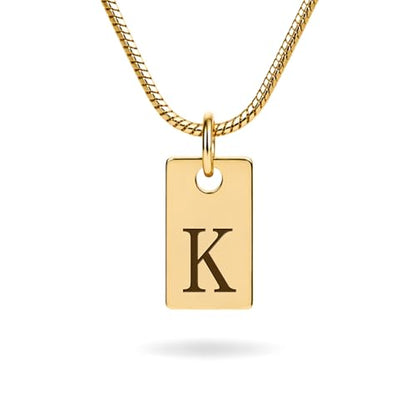 Initial Necklace in 18K Gold Plated, Personalized Engraved Letter Pendant, Gold Snake Chain, 6×10 mm Rectangle Charm for Women - color: K