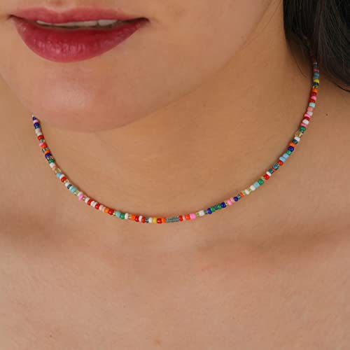 Wellike Freshwater Pearl Beaded Necklace for Women Handmade Boho Colorful Glass Beads Choker Necklace Stainless Steel 18K Gold Plated Bohemian Women Summer Jewelry Gifts - color: Beaded Necklace a