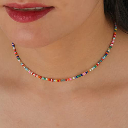 Wellike Freshwater Pearl Beaded Necklace for Women Handmade Boho Colorful Glass Beads Choker Necklace Stainless Steel 18K Gold Plated Bohemian Women Summer Jewelry Gifts - color: Beaded Necklace a