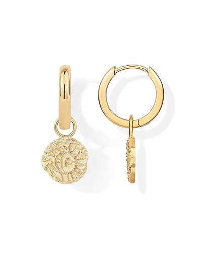 PAVOI 14K Gold Plated S925 Sterling Silver Post Lightweight Drop Dangle Huggie Hoop Earrings for Women | Star, Lock, Pearl, Cross, Lightening, Coin | Dainty Earrings - style: Coin