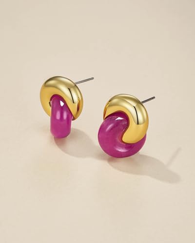 Small Twist Interlock Chunky 18K gold plated Gemstone Natural Stone (Brown, Green, Pink, White) Statement Earrings for Women by SNGIA, Dainty Love Knot Tiger Eye Amber Jade Tourmaline Bold Handmade Exaggerated Dome Retro Rounded Button Half Ball Trendy Bo