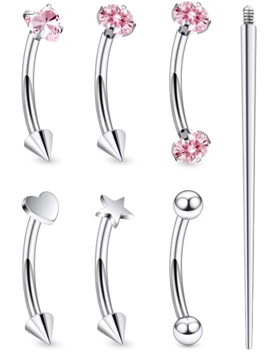 16G Eyebrow Ring Piercing Jewelry Surgical Steel Internal Thread CZ Heart Star Vertical Labret Lip Ring Rook Daith Earrings Belly Button Ring Piercing Jewelry for Women Silver Black Gold - color: Pink, size: 16G, 8mm Length, 3mm CZ