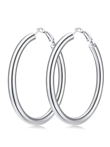 FaithHeart Silver/Black/Gold Stainless Steel Chunky Hoop Earrings for Women | Hypoallergenic Lightweight Hoop Earrings, Trendy Statement Thick Hoop, 20/30/40/50/60/70/80mm - color: Silver, size: 60mm
