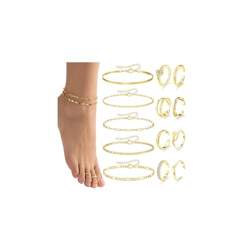 CASDAN 13Pcs Silver/Golden Toe Rings and Ankle Bracelets for Women | Layered Anklets Chain,Adjustable Open Tail Toe Ring,Waterproof Cuban Link Chain Anklets Set,Beach Foot Jewelry for Summer - color: Gold,B
