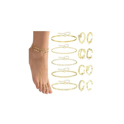 CASDAN 13Pcs Silver/Golden Toe Rings and Ankle Bracelets for Women | Layered Anklets Chain,Adjustable Open Tail Toe Ring,Waterproof Cuban Link Chain Anklets Set,Beach Foot Jewelry for Summer - color: Gold,B