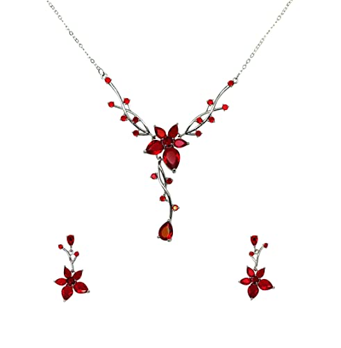 Faship Gorgeous CZ Crystal Floral Necklace Earrings Set - color: Red