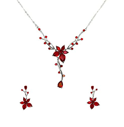 Faship Gorgeous CZ Crystal Floral Necklace Earrings Set - color: Red