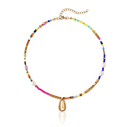Wellike Freshwater Pearl Beaded Necklace for Women Handmade Boho Colorful Glass Beads Choker Necklace Stainless Steel 18K Gold Plated Bohemian Women Summer Jewelry Gifts - color: D