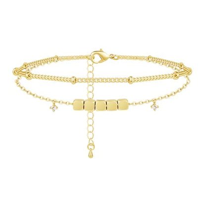 Gold/Sterling Silver Anklet Bracelets for Women Waterproof, Non Tarnish 925 Sterling Sliver Plated Heart Evileye Butterfly Charm, Dainty Summer Beach Anklets for Women, Beach Vacation Bikini Outfits for Her Mom - style: Beaded-Gold