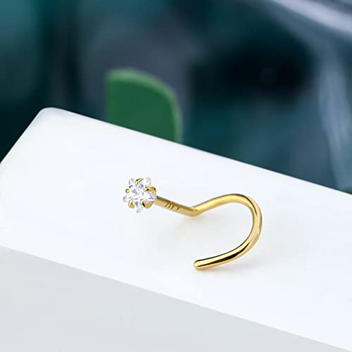 14k Solid Gold Nose Stud, Yellow Gold, 3mm Star,Hypoallergenic | S Shape Nose Ring, For Women, 14K Real Screw Nostril Stud, Hypoallergenic
