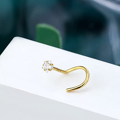 14k Solid Gold Nose Stud, Yellow Gold, 3mm Star,Hypoallergenic | S Shape Nose Ring, For Women, 14K Real Screw Nostril Stud, Hypoallergenic