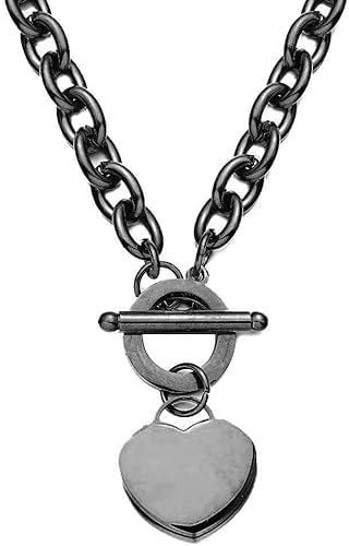 WangGao Elegent Love Stainless Steel Link Chain Blank Heart Charms Necklace for Women Toggle Clasp Closure - color: Black, size: 15.74inches