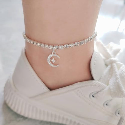Fesciory Silver Ankle Bracelets for Women, Adjustable Rhinestone Pendant Tennis Anklet, Butterfly Heart Infinite Diamond Summer Beach Foot Chain Jewelry Gifts - style: Moon1