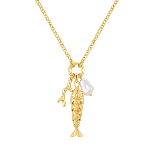 Fish Necklace for Women Gold Plated Fish Pendant Adjustable Necklace Bohemian Beach Jewelry - style: Fish & coral