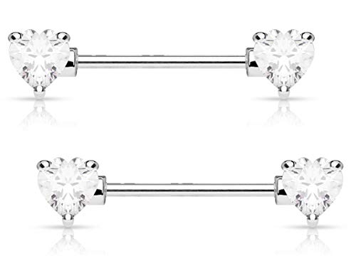 Forbidden Body Jewelry Pair of Surgical Steel 1/2-5/8 Inch (12-16mm) Cubic Zirconia Crystal Double Heart Nipple Barbells - style: Clear