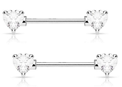 Forbidden Body Jewelry Pair of Surgical Steel 1/2-5/8 Inch (12-16mm) Cubic Zirconia Crystal Double Heart Nipple Barbells - style: Clear