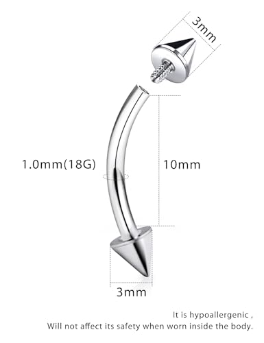 16g/18g/20g Titanium Internally Threaded Eyebrow Piercing Jewelry Vertical Labret Lip Jewelry Curved Barbell Tiny Eyebrow Ring Rook Earring Small Belly Button Ring for Women Men - color: spike,18g,bar:10mm