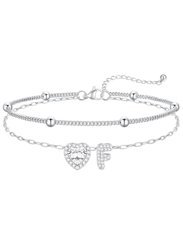 FaithHeart Waterproof Initial Ankle Bracelets for Women, Initial Anklets with Heart CZ Stainless Steel Layered Letter A-Z Anklet No Tarnish Ankle Jewelry - color: Silver, size: Initial F