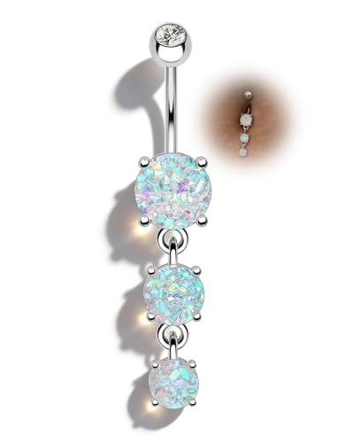 Cute Dangly Opal Belly Button Rings 14g 316L Stainless Steel Dangle Navel Rings for Women Belly Button Piercing Dangling Navel Bar - color: Silver-Mermaid Opal