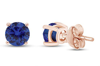 Birthstone Stud Earrings for Women 4MM Round Simulated Gemstone Studs | Push Back Earrings In 14K Gold Over Sterling Silver - color: September - Blue Sapphire