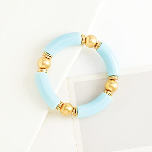 LALAPPLE Gold Plated Beaded Acrylic Bamboo Tube Bangle Bracelets for Women, Colorful Chunky Curved Tube With Gold Plated Pieces Beads Stretch Bracelet Friendship Summer Beach Jewelry - color: C-Sky Blue