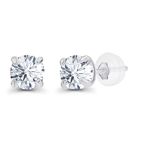 Solid 14K Gold 3mm Round Prong Set Hypoallergenic Genuine Petite Birthstone Stud Earrings - color: White Topaz