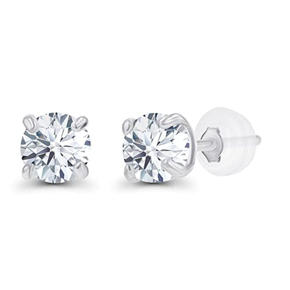 Solid 14K Gold 3mm Round Prong Set Hypoallergenic Genuine Petite Birthstone Stud Earrings - color: White Topaz