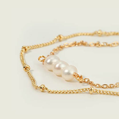 MEVECCO Dainty Chain Bracelets for Women, Layered and Charm Styles | 14K Gold Plated Brass, Select Cubic Zirconia Accents, Single and Multi-Row Structures for Refined Everyday Wristwear - style: 2 Layer 3 Pearls Satellite Chain