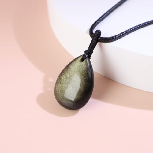 Teardrop Gemstone Necklaces for Women, Healing Crystal Pendant Necklace Birthstone Jewelry for Women - color: Gold Sheen Obsidian