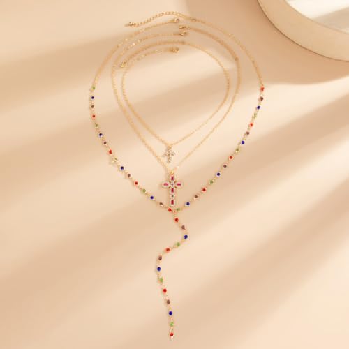 GIGB PBDK Gold Cross Layered Necklaces for Women,Long Colorful Crystal Drop Necklace Unique Big Crucifix Necklace Set,Aesthetic Religious Jewelry Accessories - color: Gold2