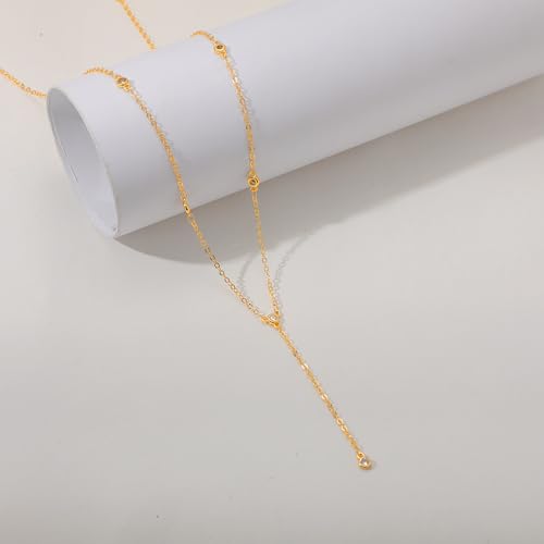 CAROVO Gold Necklace for Women Dainty Long Necklace 14K Gold/Silver Lariat Y-Shaped Pendant Necklaces Trendy Layered Lip Cubic Zirconia Beaded Chain Drop Necklaces Jewelry for Women Gifts - color: Gold, style: E: Gold Y Necklace CZ-774