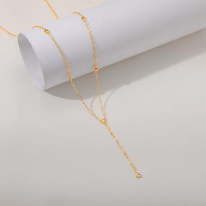 CAROVO Gold Necklace for Women Dainty Long Necklace 14K Gold/Silver Lariat Y-Shaped Pendant Necklaces Trendy Layered Lip Cubic Zirconia Beaded Chain Drop Necklaces Jewelry for Women Gifts - color: Gold, style: E: Gold Y Necklace CZ-774