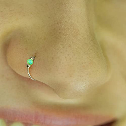 925 Sterling Silver & 14K Gold Filled Nose Ring Hoop Handmade Piercing Jewelry For Women - 24 Gauge 2mm,7mm Tiny Nose Ring with Opal - Gift Ready - color: Green Opal Silver