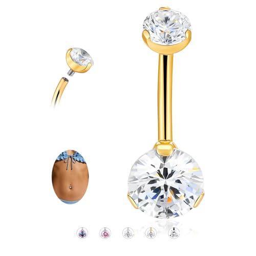 Solid Titanium Belly Button Ring,14G Hypoallergenic Silver Belly Rings,Internally Threaded 10mm Belly Piercing Jewelry,Round CZ Navel Rings,14G Belly Button Rings for Women Men - color: G-wt