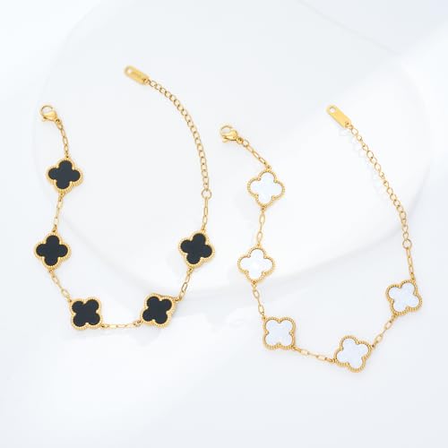 Waterproof Four-Leaf Clover Bracelet,Adjustable Link Double Sided Jewelry, Lovely Fashion Jewelry Gift for Women - color: Black Bracelet + White Bracelet