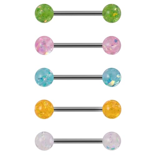 5Pcs Sequins Tongue Rings 14G Stainless Steel Barbell with Glitter Multi-Color Balls Straight Barbell Tongue Piercing Body Jewelry for Women