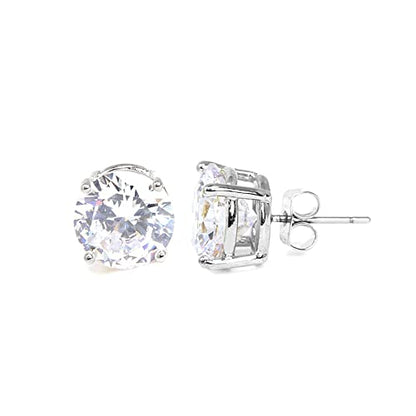 Stainless Steel Round Cut Cubic Zirconia Stud Earrings With Clear Case - Gold, Silver (3mm~12mm) - color: 10mm-Silver