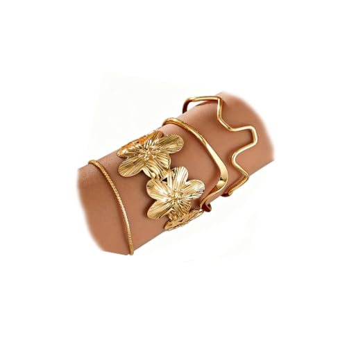 Gold Chunky Stackable Flower Bangle for Women,Trendy Boho Floral Open Cuff Bracelet Set,Fashion Spring Outfit Accessories Birthday Jewelry Gift