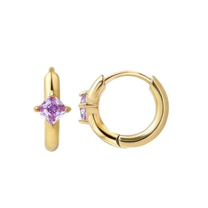 316L Surgical Steel Birthstone Hoop Earrings for Women | Lightweight, 5A Cubic Zirconia, Hypoallergenic, Lead & Nickel Free, 8mm Huggie Hoops - color: 18k gold-plated: 06. June (Alexandrite)